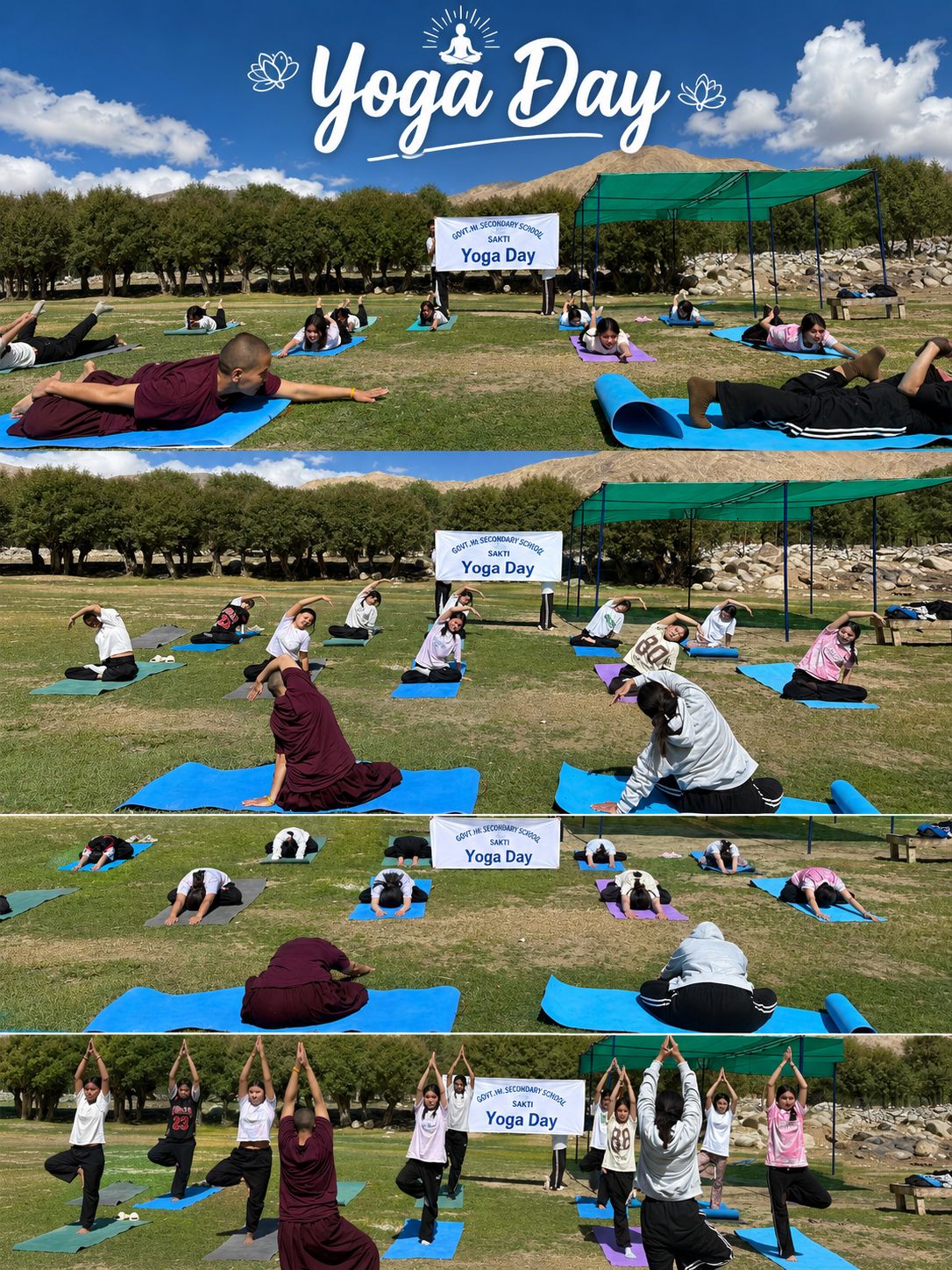 International Yoga Day Celebration Students of GHSS Sakti performing yoga poses on mats in an open field on International Yoga Day